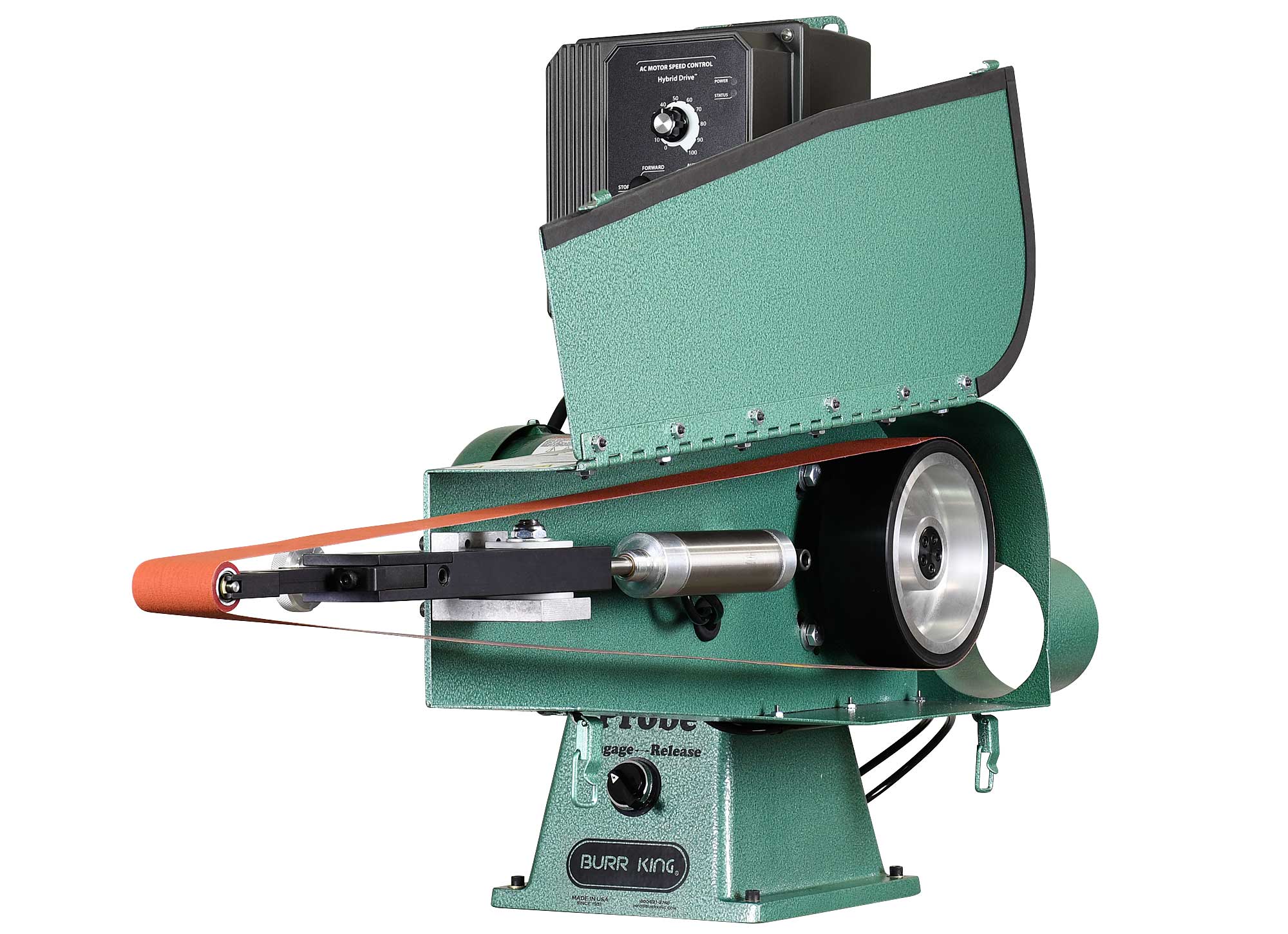 Simplified air tension system allows you to control the amount of force on the abrasive belt.